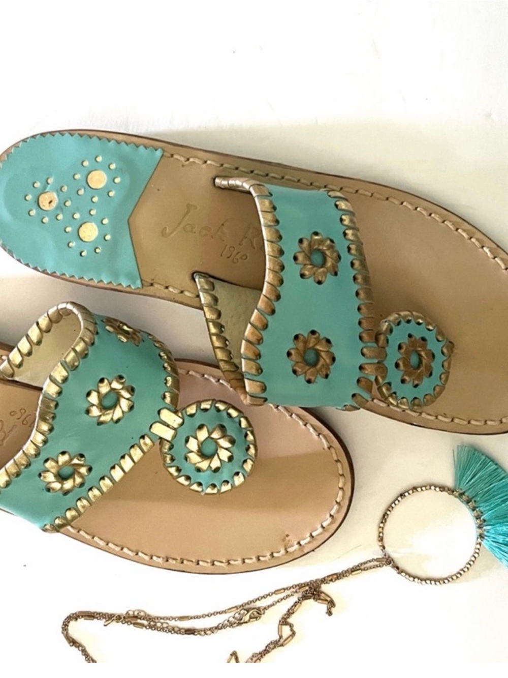 Jack Rogers Turquoise Whipstitched Leather Slide Sandals